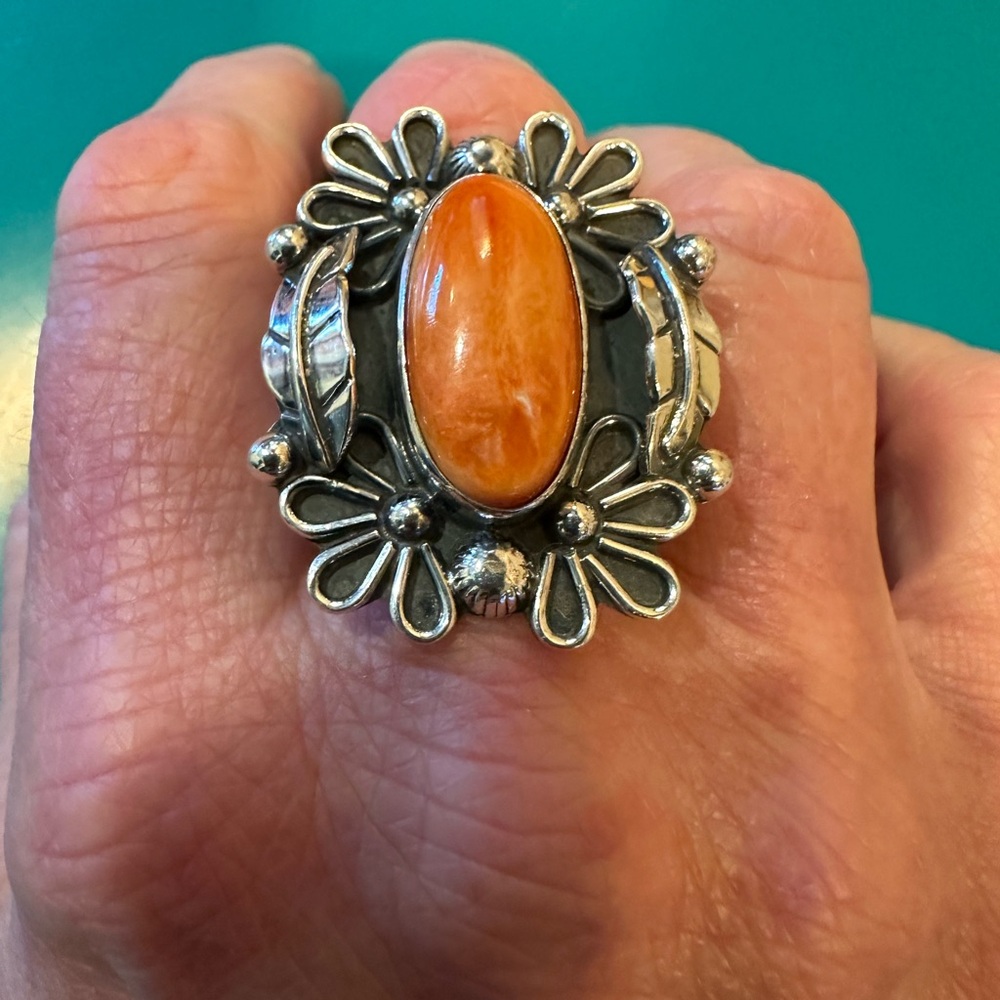 Ornate Silver Ring with Spiny Oyster Stone